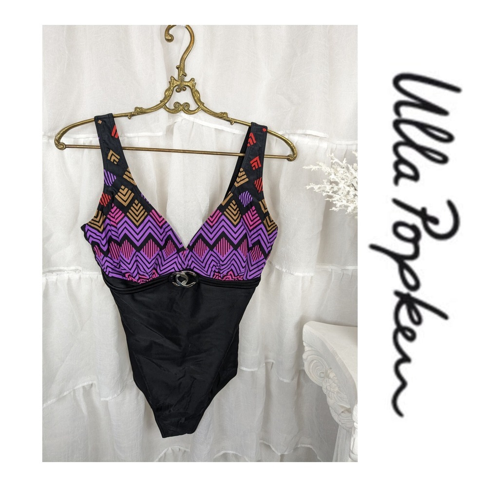 Ulla Popken Black Purple Pink One Piece Swimsuit Size US 12